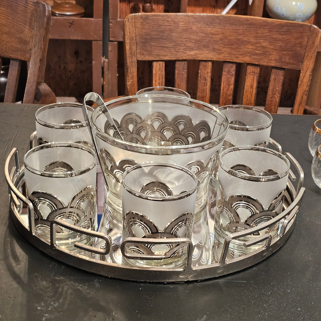9pc Culver Silver Clouds Cocktail Set w/Mirrored Tray