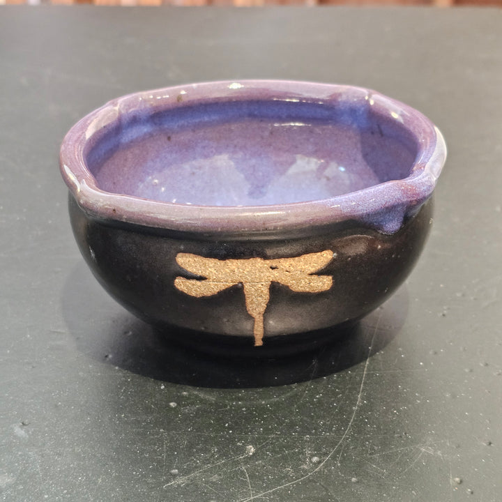 Art Pottery Purple Glazed Dragonfly Bowl - Signed "J Anderson"