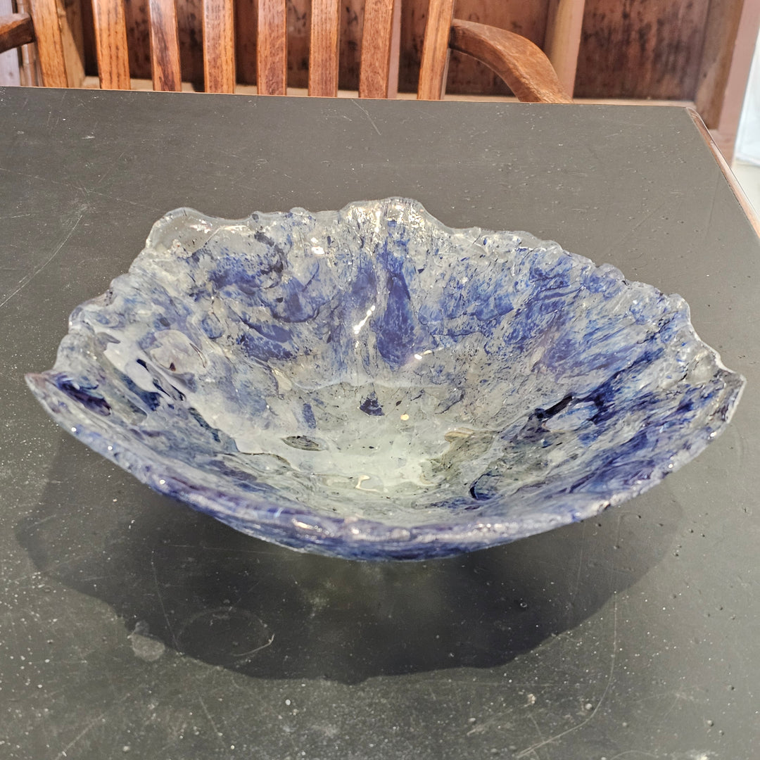 Handmade Blue Infused Crackled Art Glass Bowl - Signed
