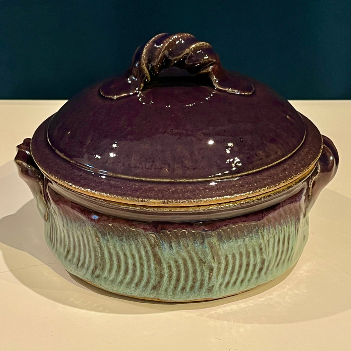 Purple/Turquoise 9.5” Studio Pottery Ceramic Lidded Pot