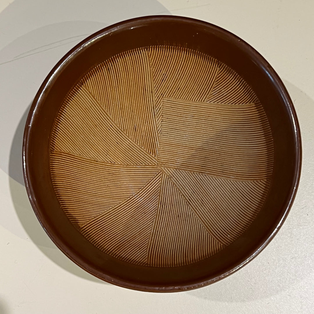 6” Brown Ceramic Bowl w/Geometric Interior
