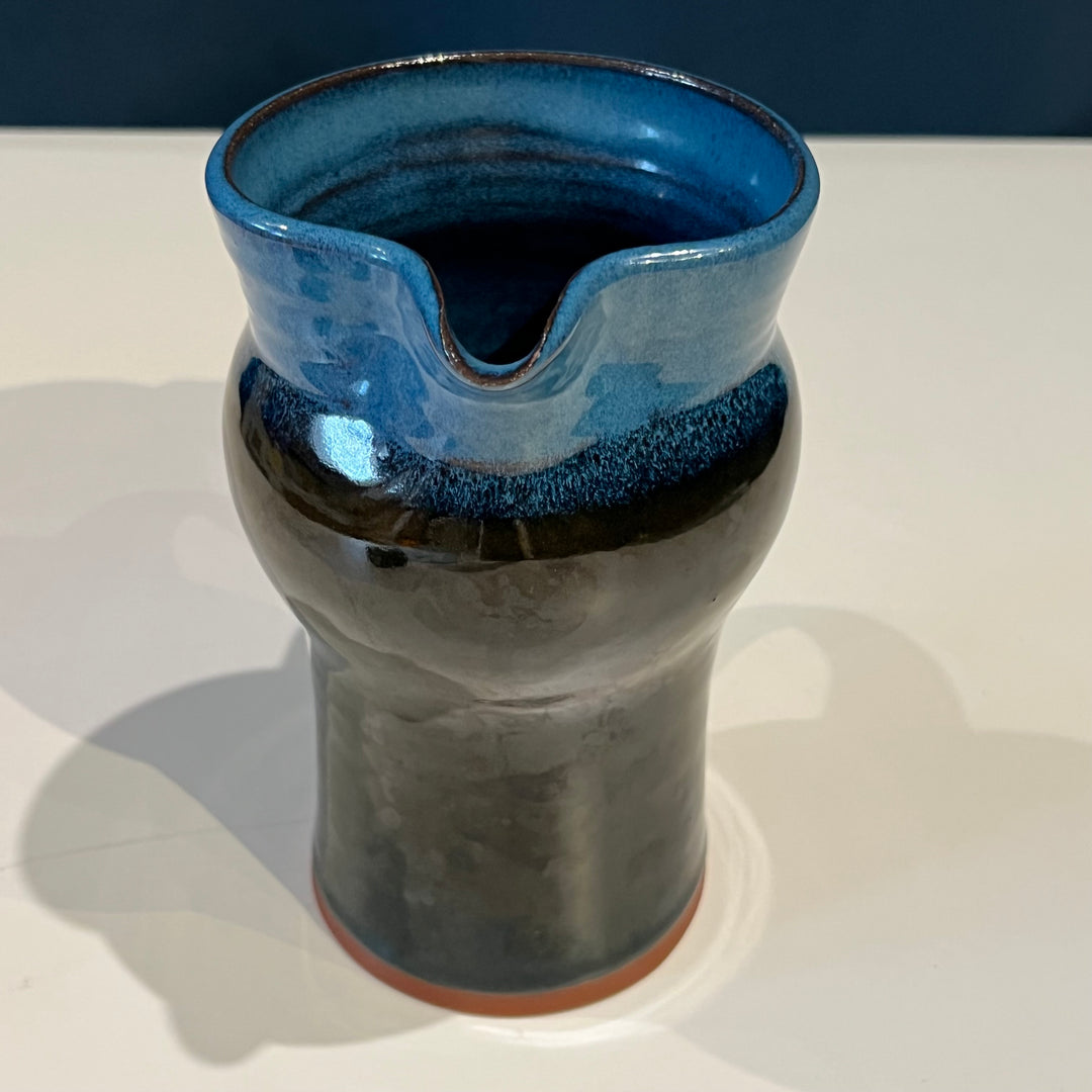 Studio Pottery Ceramic Pitcher, Dark w/Blue Rim