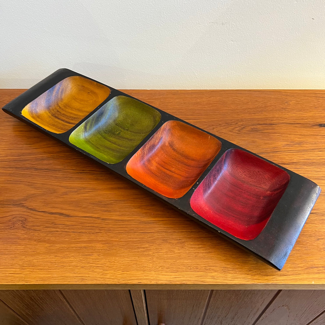 Multicolored Carved Wood Condiment Tray