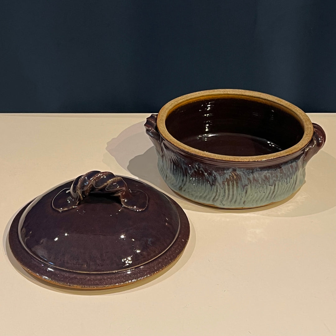 Purple/Turquoise 9.5” Studio Pottery Ceramic Lidded Pot