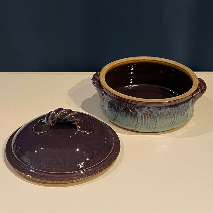 Purple/Turquoise 9.5” Studio Pottery Ceramic Lidded Pot