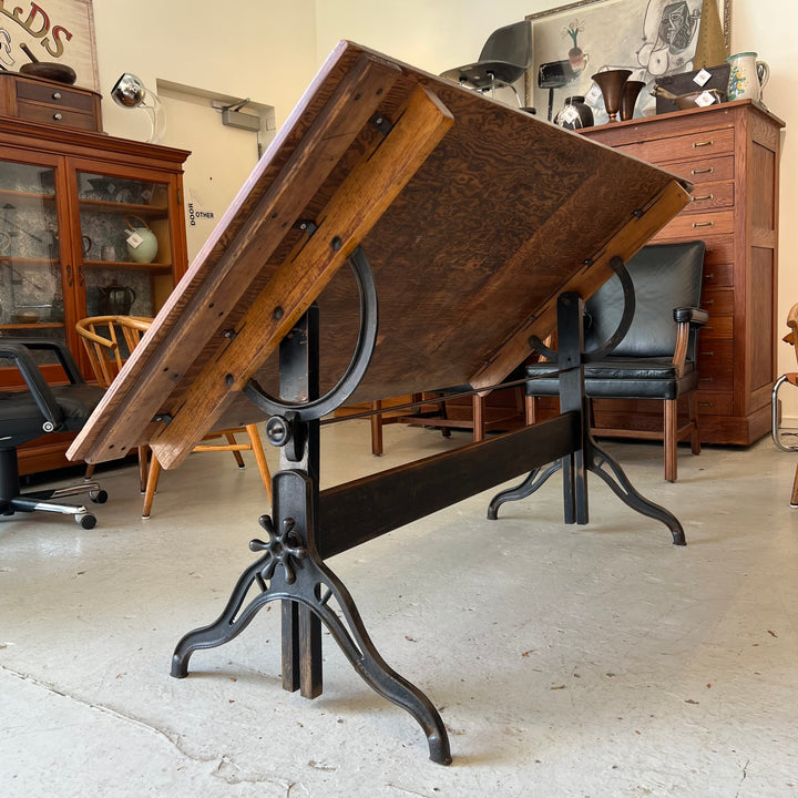 Large Antique Drafting Table w/Cast Iron Base