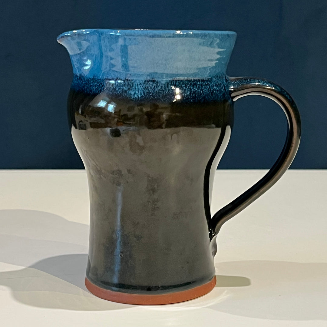 Studio Pottery Ceramic Pitcher, Dark w/Blue Rim